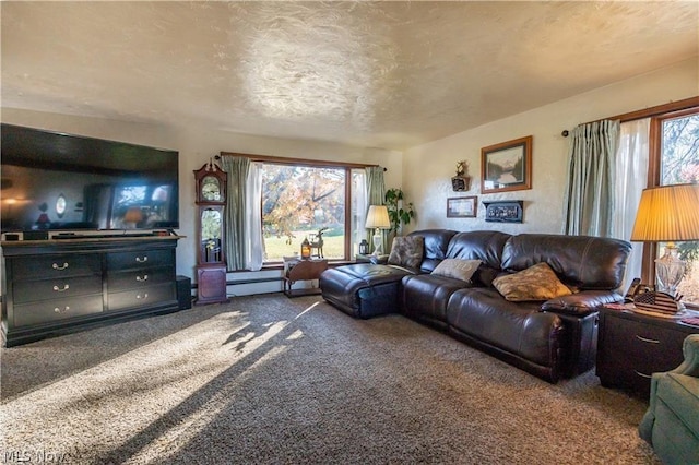 living room with carpet and a textured ceiling