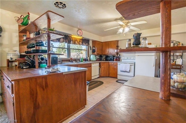 kitchen with ceiling fan, sink, kitchen peninsula, white appliances, and light tile patterned flooring