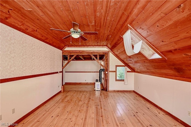 bonus room with ceiling fan, light hardwood / wood-style flooring, and wooden ceiling