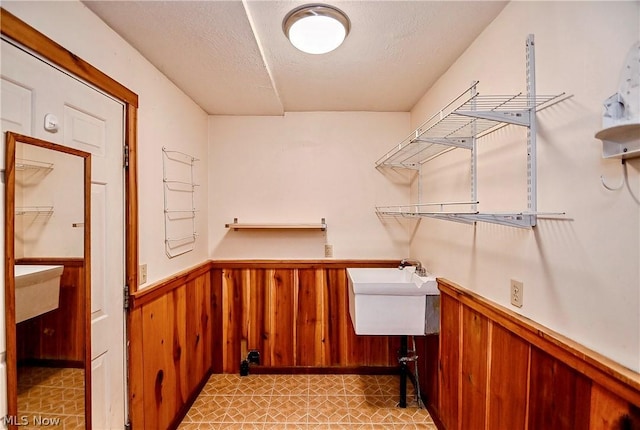 clothes washing area with wooden walls, sink, and a textured ceiling