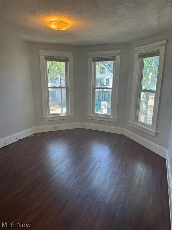 spare room with dark hardwood / wood-style flooring, a textured ceiling, and a healthy amount of sunlight