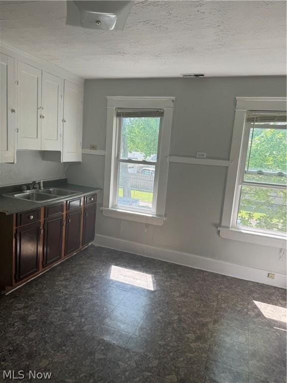 kitchen featuring white cabinetry, dark brown cabinetry, sink, and a textured ceiling