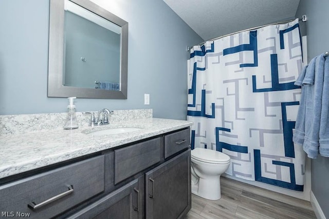 bathroom featuring vanity, a shower with curtain, hardwood / wood-style flooring, toilet, and a textured ceiling