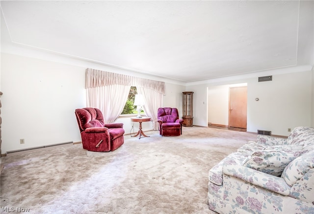 carpeted living room featuring a baseboard radiator