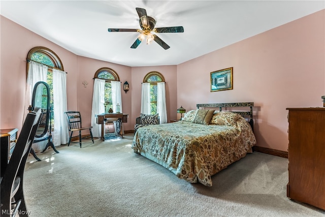 bedroom featuring carpet flooring and ceiling fan