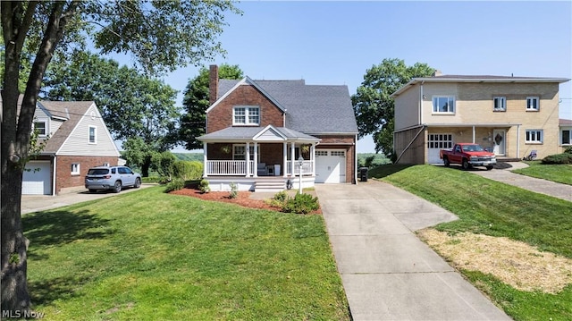 view of front of property with a front lawn, a porch, and a garage