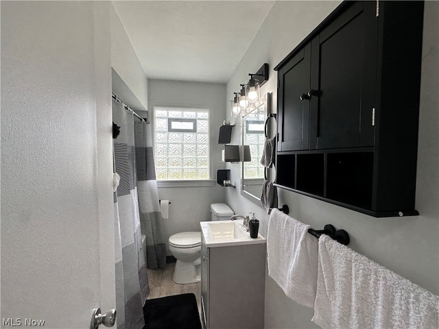 bathroom featuring vanity, hardwood / wood-style flooring, and toilet