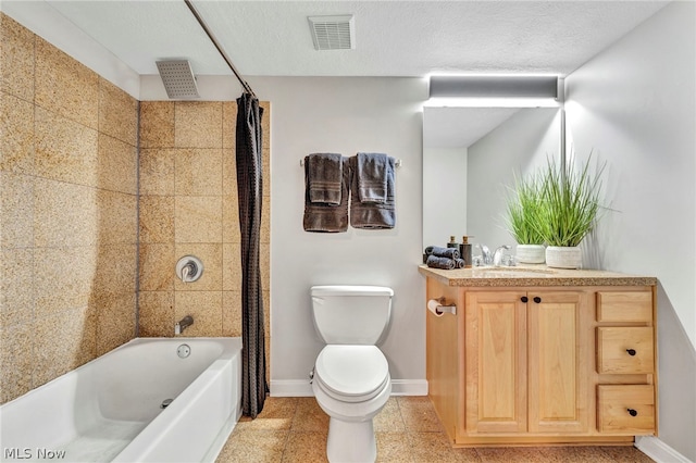 full bathroom with shower / bath combo, toilet, a textured ceiling, and vanity