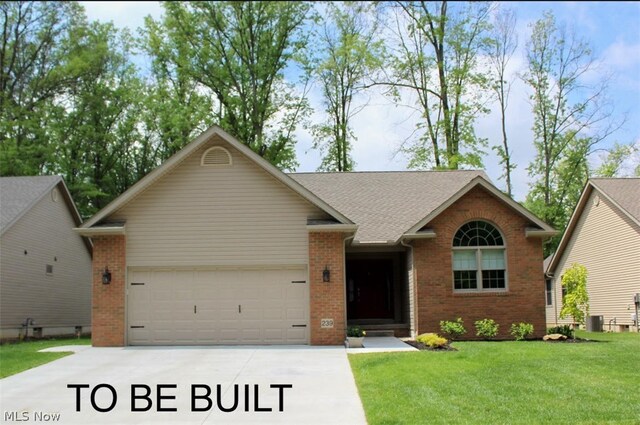 ranch-style house with a garage, central AC, and a front lawn