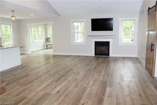 unfurnished living room with wood-type flooring, plenty of natural light, and a barn door