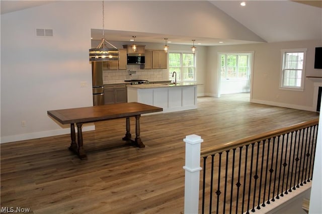 interior space with sink, hardwood / wood-style floors, and high vaulted ceiling