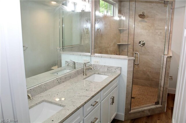 bathroom featuring walk in shower, toilet, wood-type flooring, and double sink vanity