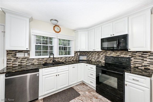 kitchen with sink, black appliances, decorative backsplash, and white cabinets