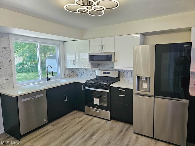 kitchen featuring appliances with stainless steel finishes, tasteful backsplash, sink, light hardwood / wood-style flooring, and white cabinetry