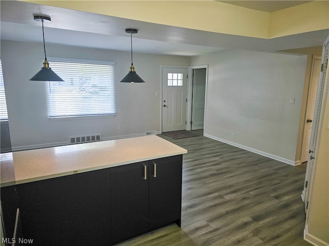 kitchen with dark hardwood / wood-style floors and hanging light fixtures