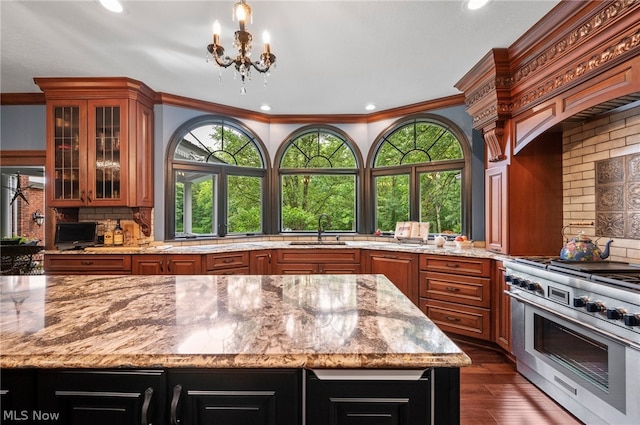 kitchen with crown molding, dark hardwood / wood-style floors, a healthy amount of sunlight, and range with two ovens