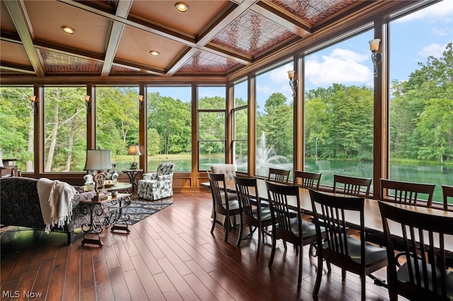 sunroom / solarium with coffered ceiling and beam ceiling