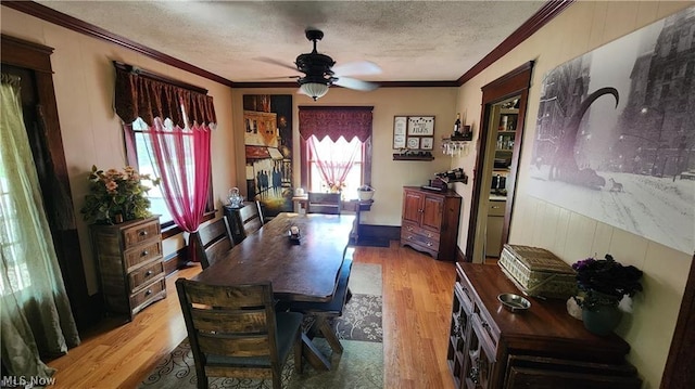 dining space with crown molding, ceiling fan, light hardwood / wood-style floors, and a textured ceiling