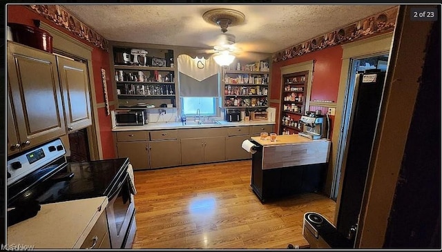 kitchen with sink, light hardwood / wood-style flooring, built in features, stainless steel range with electric stovetop, and a textured ceiling