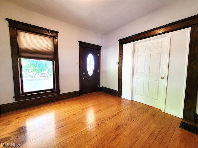 foyer with a wealth of natural light and light hardwood / wood-style floors