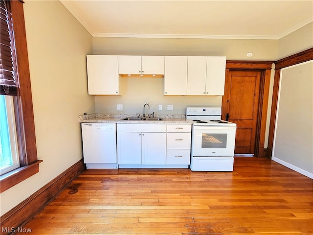 kitchen with sink, light hardwood / wood-style flooring, white appliances, and white cabinetry