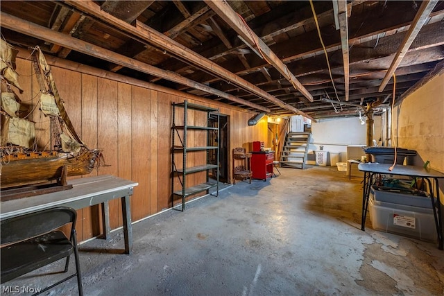 basement with wood walls