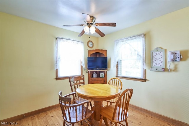 dining room with ceiling fan and light wood-type flooring