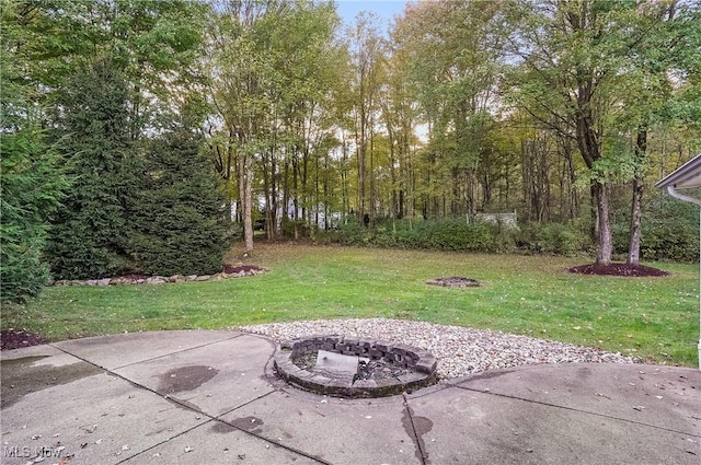 view of yard featuring a fire pit and a patio area