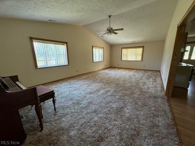 interior space featuring ceiling fan, lofted ceiling, a healthy amount of sunlight, and a textured ceiling