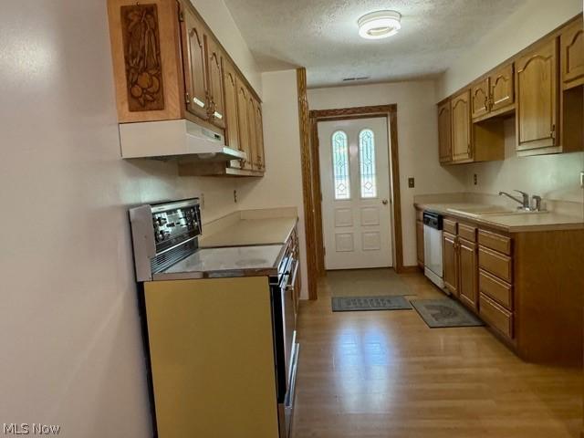 kitchen featuring sink, electric range oven, light wood-type flooring, a textured ceiling, and stainless steel dishwasher