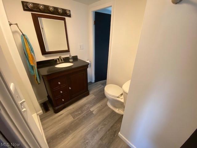 bathroom featuring vanity, toilet, and wood-type flooring