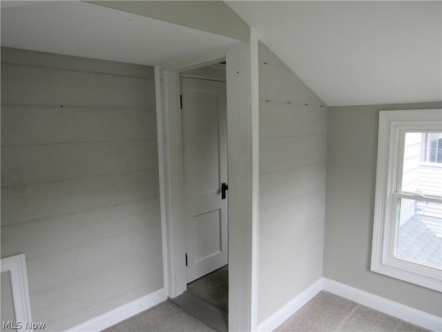 interior space featuring light carpet and lofted ceiling