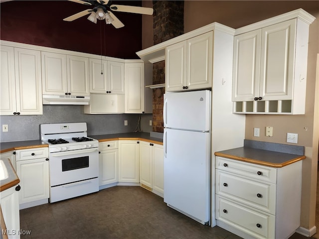 kitchen featuring white cabinets, white appliances, and ceiling fan