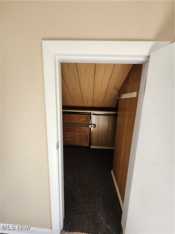 interior space featuring wood ceiling, wood walls, and carpet