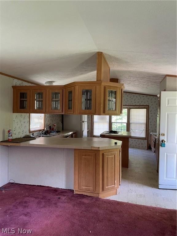 kitchen with kitchen peninsula, lofted ceiling, and sink