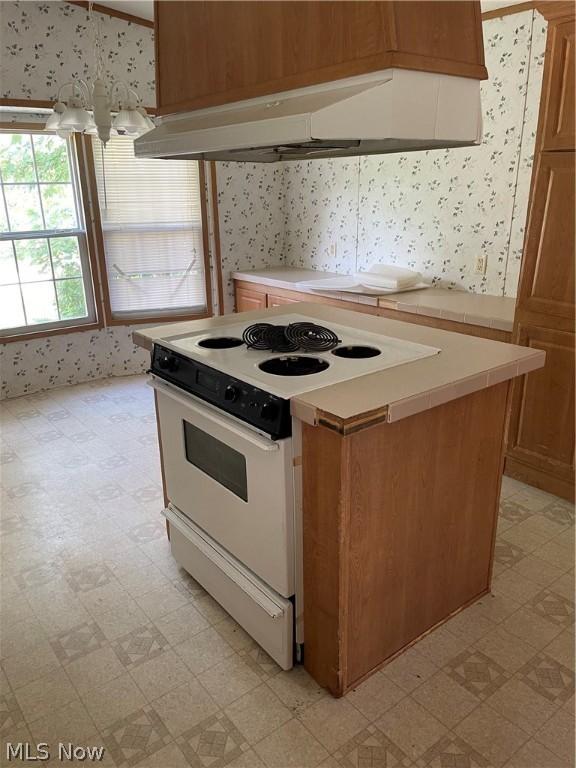 kitchen featuring ventilation hood, white electric stove, and a kitchen island