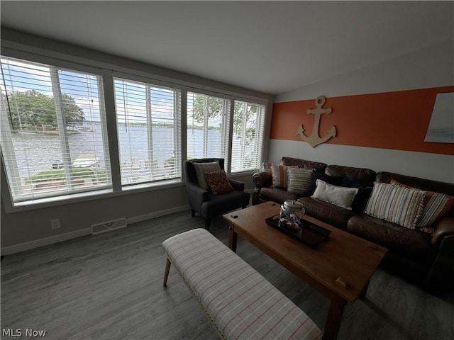 living room featuring hardwood / wood-style floors, a water view, and lofted ceiling