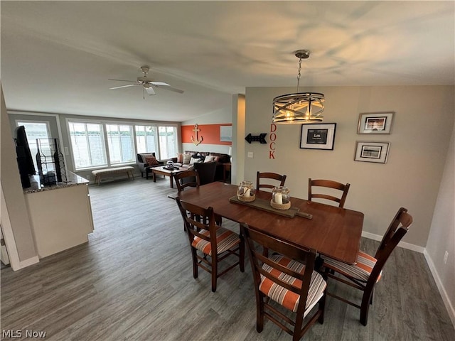 dining area featuring ceiling fan with notable chandelier and wood-type flooring