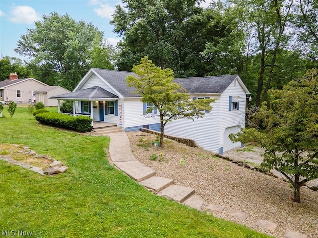 ranch-style home featuring a porch, a garage, and a front lawn