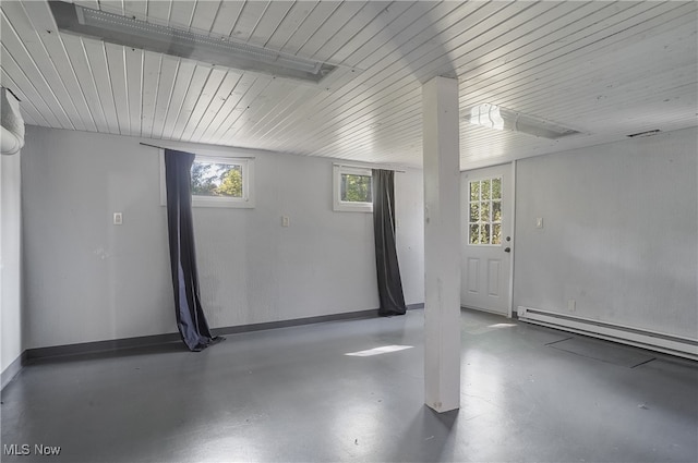 interior space with baseboard heating and wooden ceiling