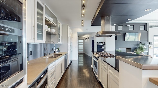 kitchen featuring white cabinetry, sink, dark wood-type flooring, island range hood, and appliances with stainless steel finishes