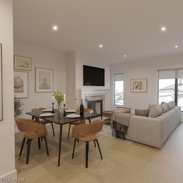 living room featuring light hardwood / wood-style flooring and a high end fireplace