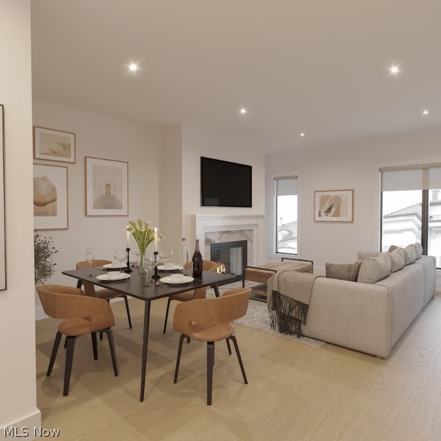 living room with light hardwood / wood-style floors and a fireplace