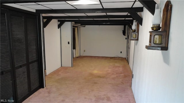 basement featuring light carpet