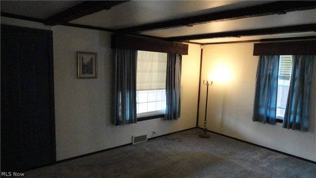 spare room with beamed ceiling, plenty of natural light, and carpet flooring