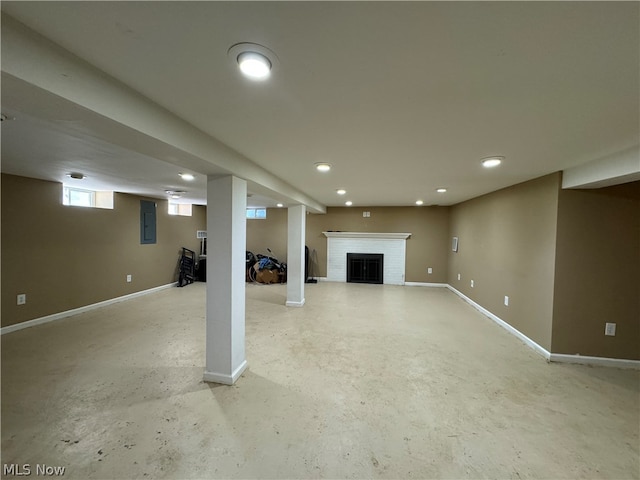 basement featuring a fireplace