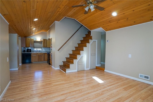 unfurnished living room with lofted ceiling, wood ceiling, sink, light wood-type flooring, and ceiling fan