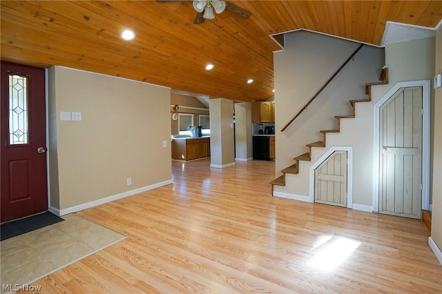 entryway featuring light hardwood / wood-style floors, ceiling fan, and wood ceiling