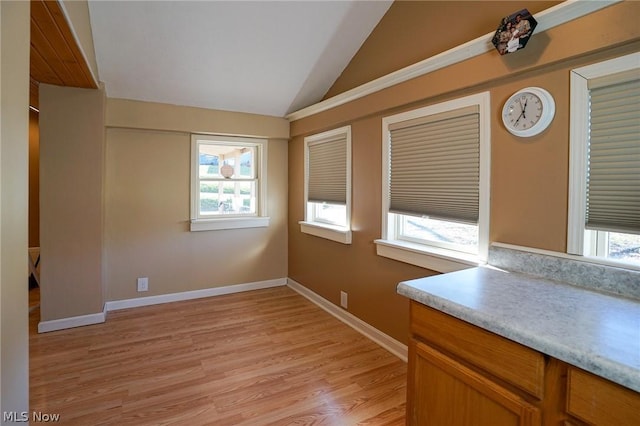 interior space with vaulted ceiling and light hardwood / wood-style flooring