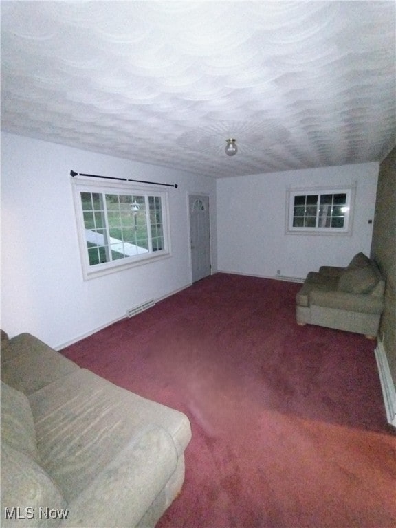 carpeted living room featuring a textured ceiling